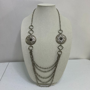 Boho Draped Chain Necklace Rhinestone Silver Ton Statement Multi Strand Filigree
